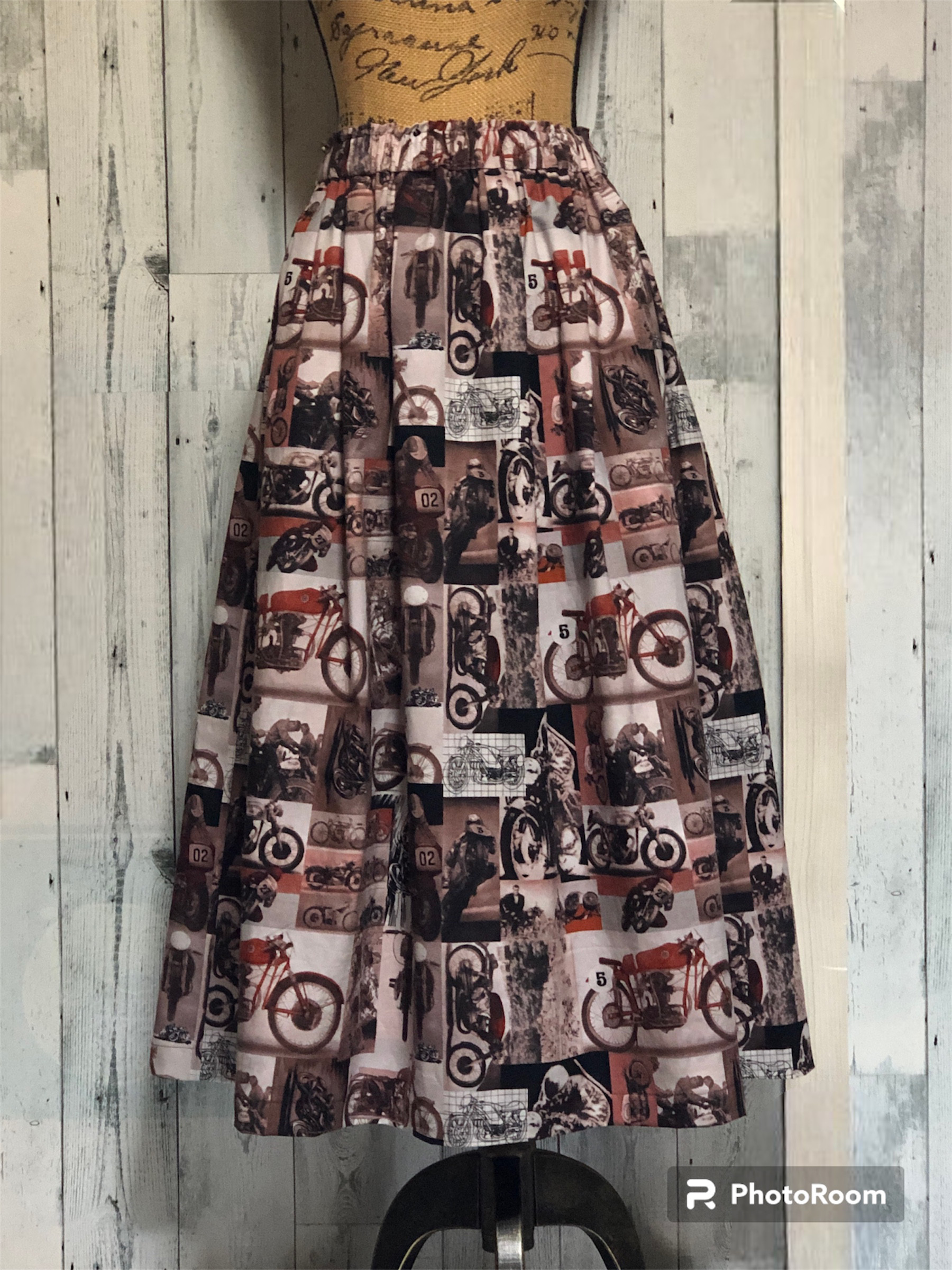 バイク柄 タックギャザースカート　bike （USA生地）