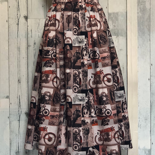 バイク柄 タックギャザースカート bike （USA生地） ロングスカート