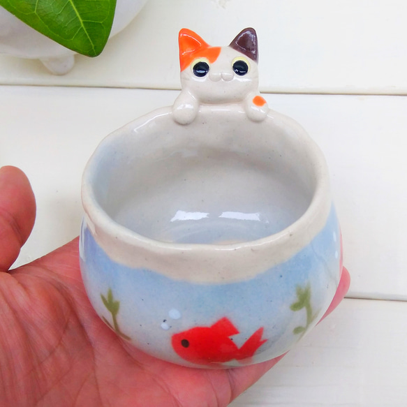 三毛猫金魚鉢コーヒーカップ１３０ｍｌ　ネコの陶器　受注後の制作となります 9枚目の画像