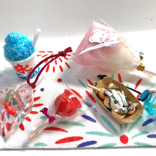 年末のプロモーション ☆ミニチュア夏祭りセット(受注生産) 樹脂粘土 フェイクフード チャーム