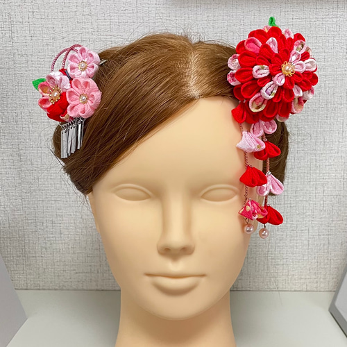 七五三髪飾り　ピンク　赤白　6セット　つまみ細工髪飾り　ai  つまみ細工】 花音 黄＆ピンク 髪飾り 6点セット 七五三 7歳 3歳