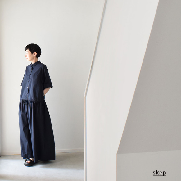 【 JOSEPH 】ロングワンピース 七分袖絹100% サイズ36 紺 花柄 七分袖切替ギャザーロングワンピース：紺［OP33HSNV