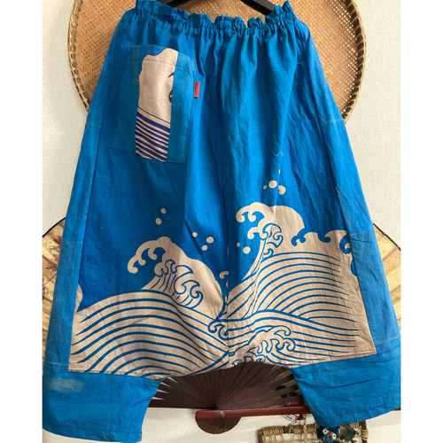 和柄 ワイドパンツ サルエルパンツ 古布リメイク 風呂敷 柿渋染め 古布 柿渋染め サルエルパンツ 古布 古布リメイク 風呂敷リメイク