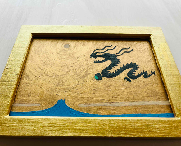 風水画「深緑色の龍神様と富士山」原画・油彩・壁掛け・独立
