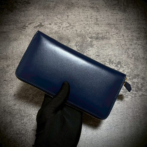 アンティークガラスレザー 長財布 カード14枚 大容量 ネイビー 紺 革