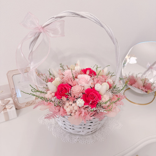 ホワイトバスケット 花籠 ピンク ウエディング 還暦祝 母の日ギフト お