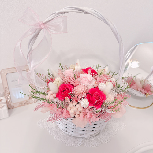 ホワイトバスケット 花籠 ピンク ウエディング 還暦祝 母の日ギフト お