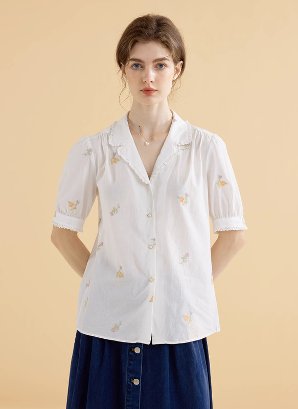 大人の開襟シャツ　半袖　花柄プリント　夏の半袖シャツ　コットン 3枚目の画像