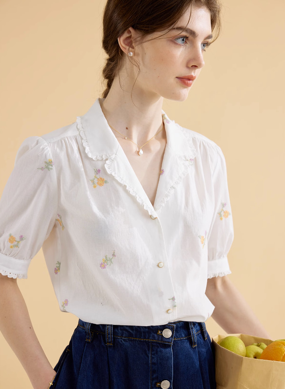 大人の開襟シャツ　半袖　花柄プリント　夏の半袖シャツ　コットン 4枚目の画像