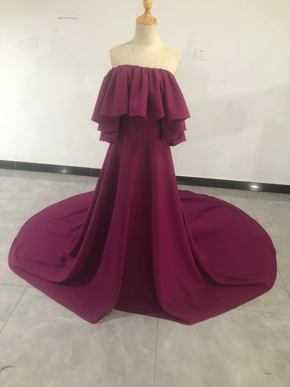 上品！オフショル パーティードレス 紫 ストレッチ生地 短トレーン 2次  