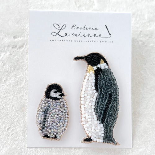 オートクチュール刺繍 皇帝ペンギン親子ブローチセット ブローチ