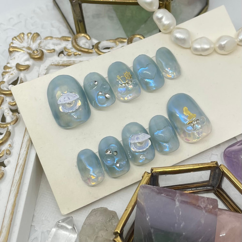 サイズオーダー♡立体シェル×マーメイドネイルチップ ブルー size  