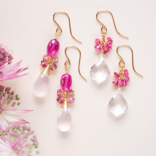 ルビー・ローズクォーツ・ピンクトルマリンのピアス（14KGF