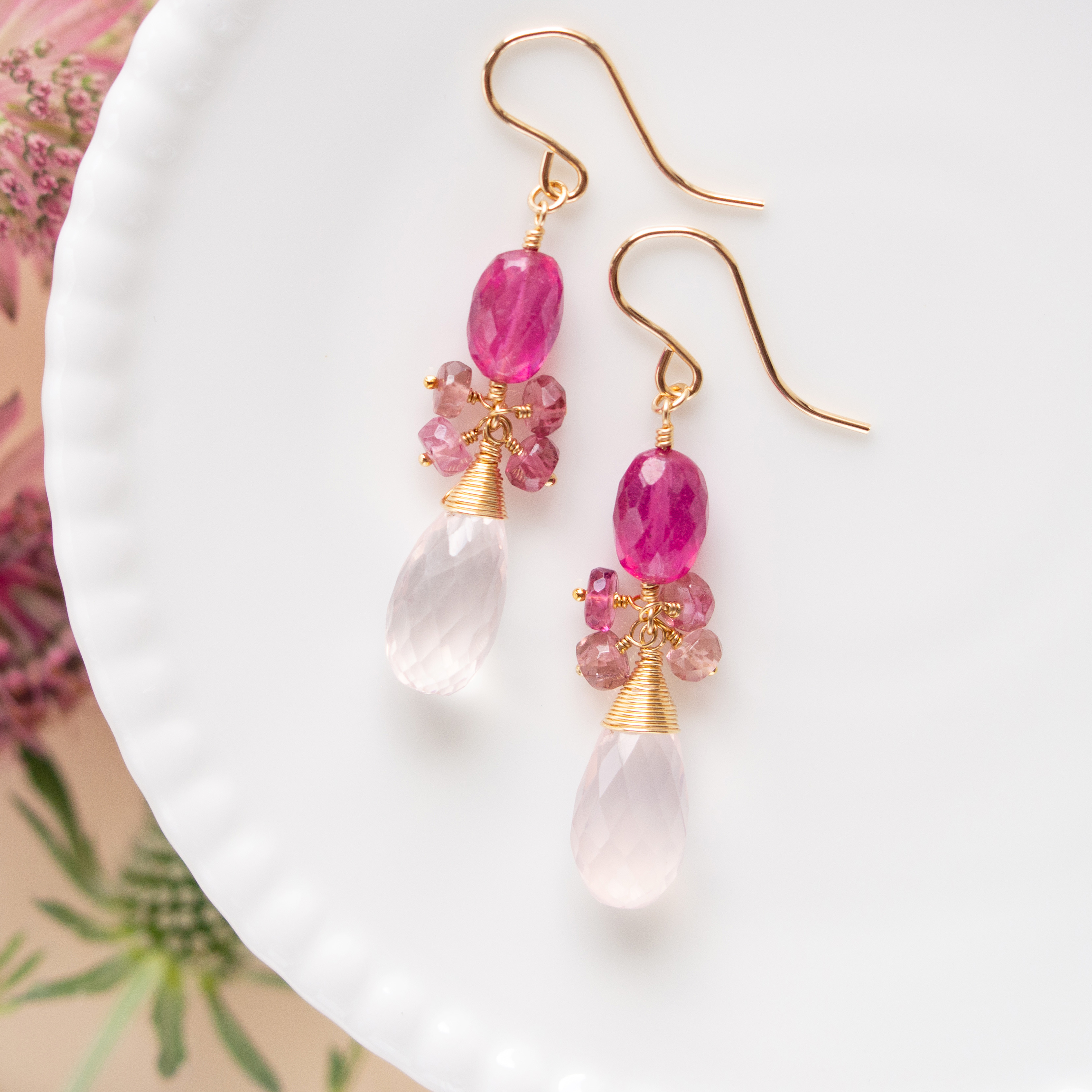 ルビー・ローズクォーツ・ピンクトルマリンのピアス（14KGF
