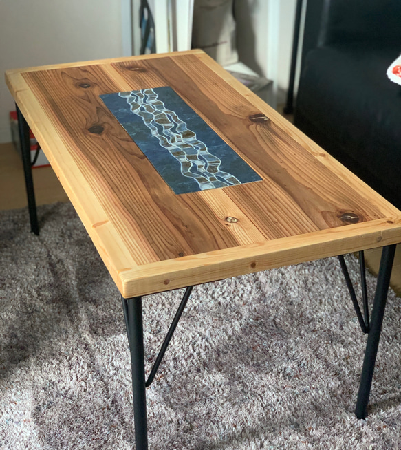 [幅85cm] ローテーブル ナチュラル モダン タイルテーブル 天然木 スチール製 美濃焼き 海を感じる 2枚目の画像
