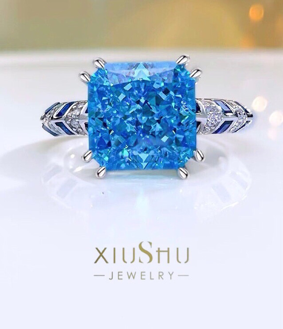 スクエア 人工ブルートパーズ 高炭素ダイヤモンド キラキラ ゴージャス  