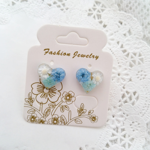 ピアス ハート レジン ハンドメイド かすみそう ドライフラワー 押し花 