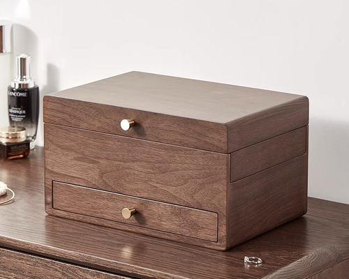 ウォールナット製の鏡付きアクセサリー収納箱 両開き 鏡台 ジュエリー