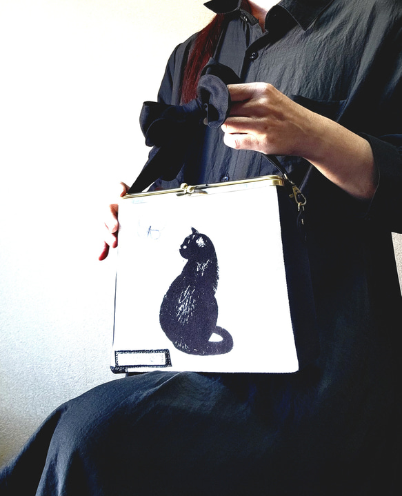 BOX型がま口スクエアショルダー(黒猫‍) 12枚目の画像