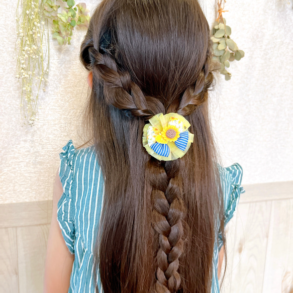 ビーズ　ヘアゴム　キラキラ　髪ゴム　キッズ　子供　ヘアアクセ　ヘアアクセサリー　夏　ひまわり　リボン　チュール　向日葵 5枚目の画像