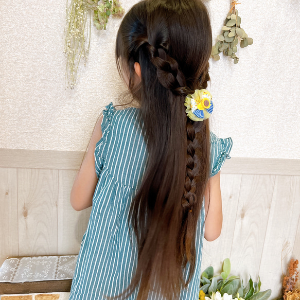 ビーズ　ヘアゴム　キラキラ　髪ゴム　キッズ　子供　ヘアアクセ　ヘアアクセサリー　夏　ひまわり　リボン　チュール　向日葵 7枚目の画像