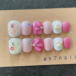 くまネイル ぷっくりフラワーネイル ピンク ガーリーネイル ベリー