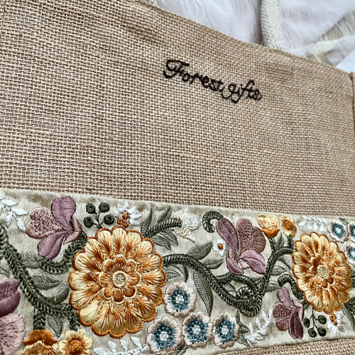 インド刺繍リボン*ジュートバッグ(手縫い刺繍入り)Yellow インド刺繍リボン*ジュートバッグ(手縫い刺繍入り)Yellow