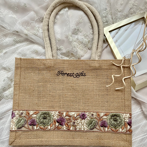 インド刺繍リボン＊ジュートバッグ(手縫い刺繍入り)Yellow
