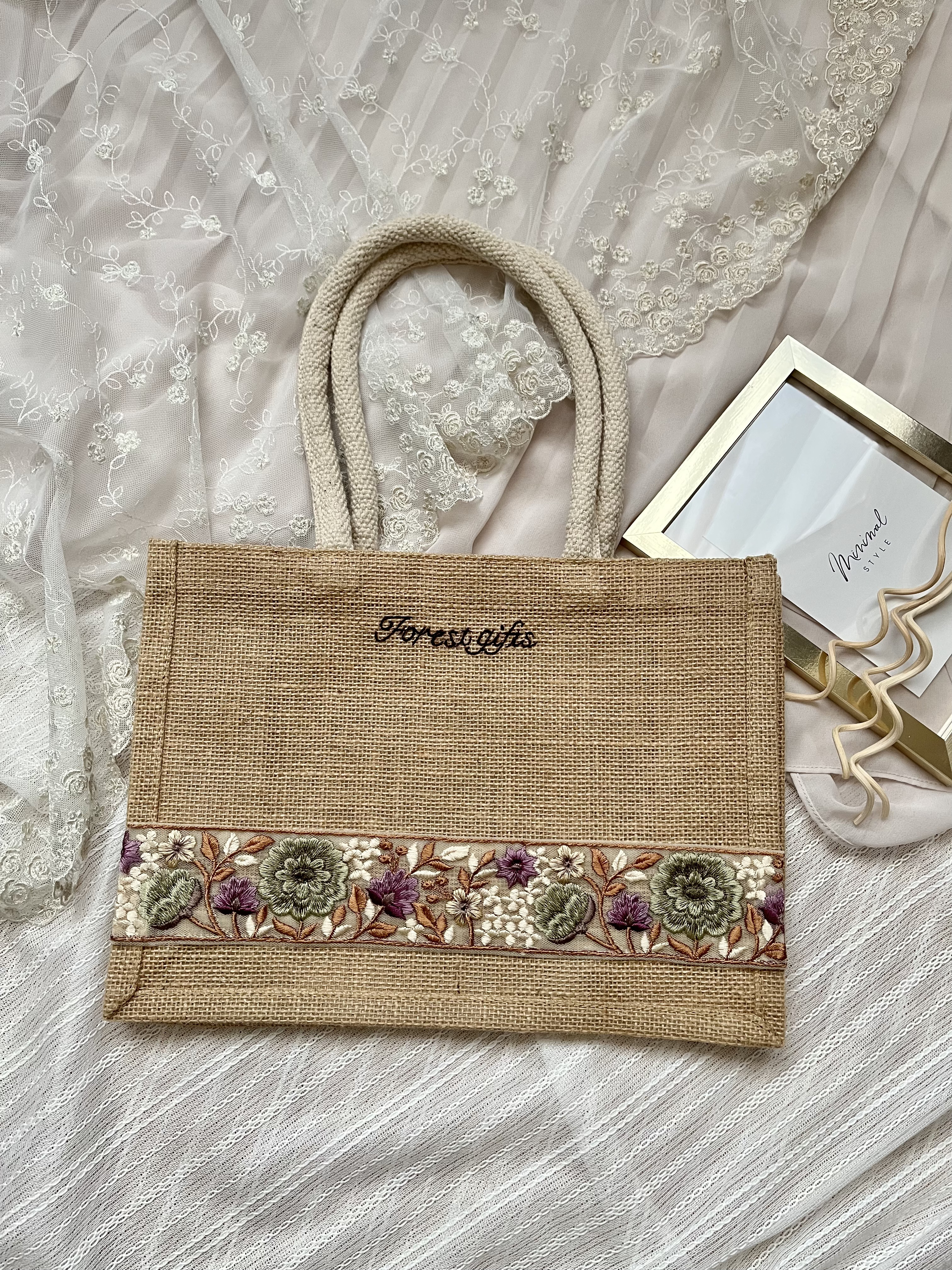 インド刺繍リボン＊ジュートバッグ(手縫い刺繍入り)Yellow