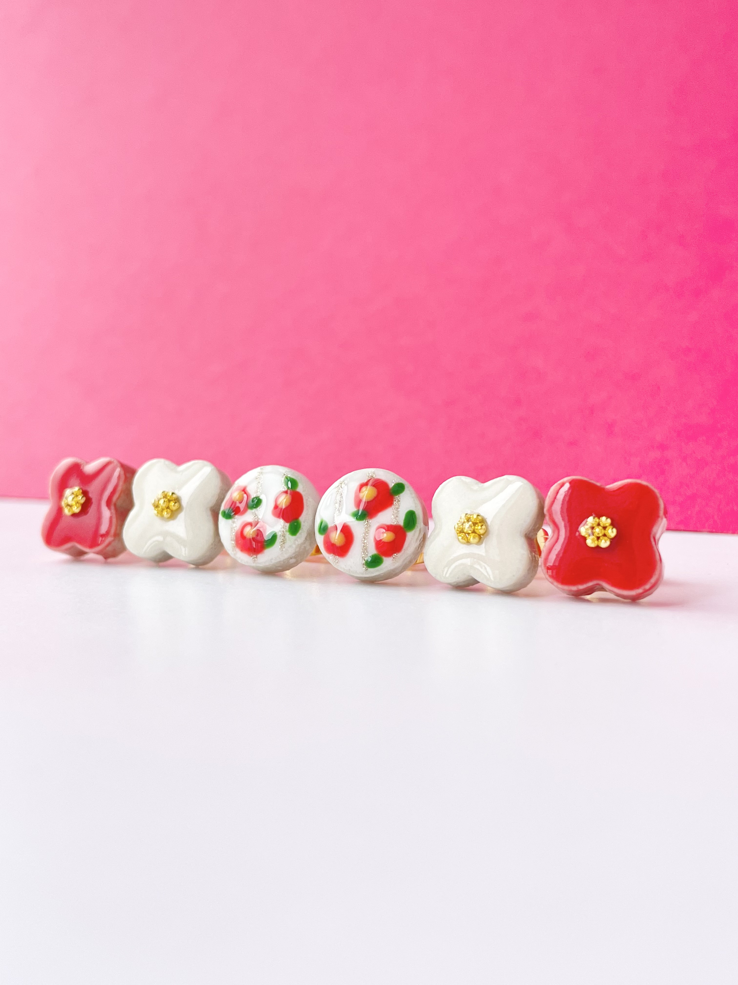 “レトロ椿”【3種類セット】美濃焼ピアス/イヤリング　｜送料無料｜成人式前撮り　和装撮影　和柄　サージカルステンレス