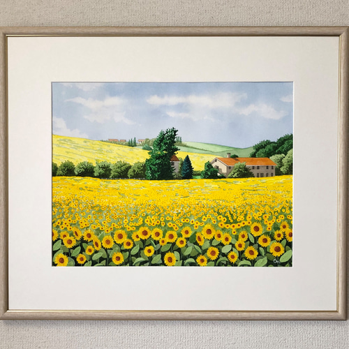 アクリル画　Sunflowers グレー 　F6号キャンバス アクリル画 Sunflowers グレー F6号キャンバス（ひまわりの丘