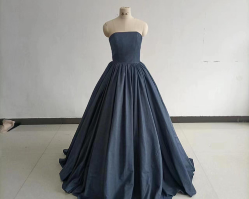 高品質！ブルーグレー デニムドレス ベアトップ 取り外し袖 披露宴  