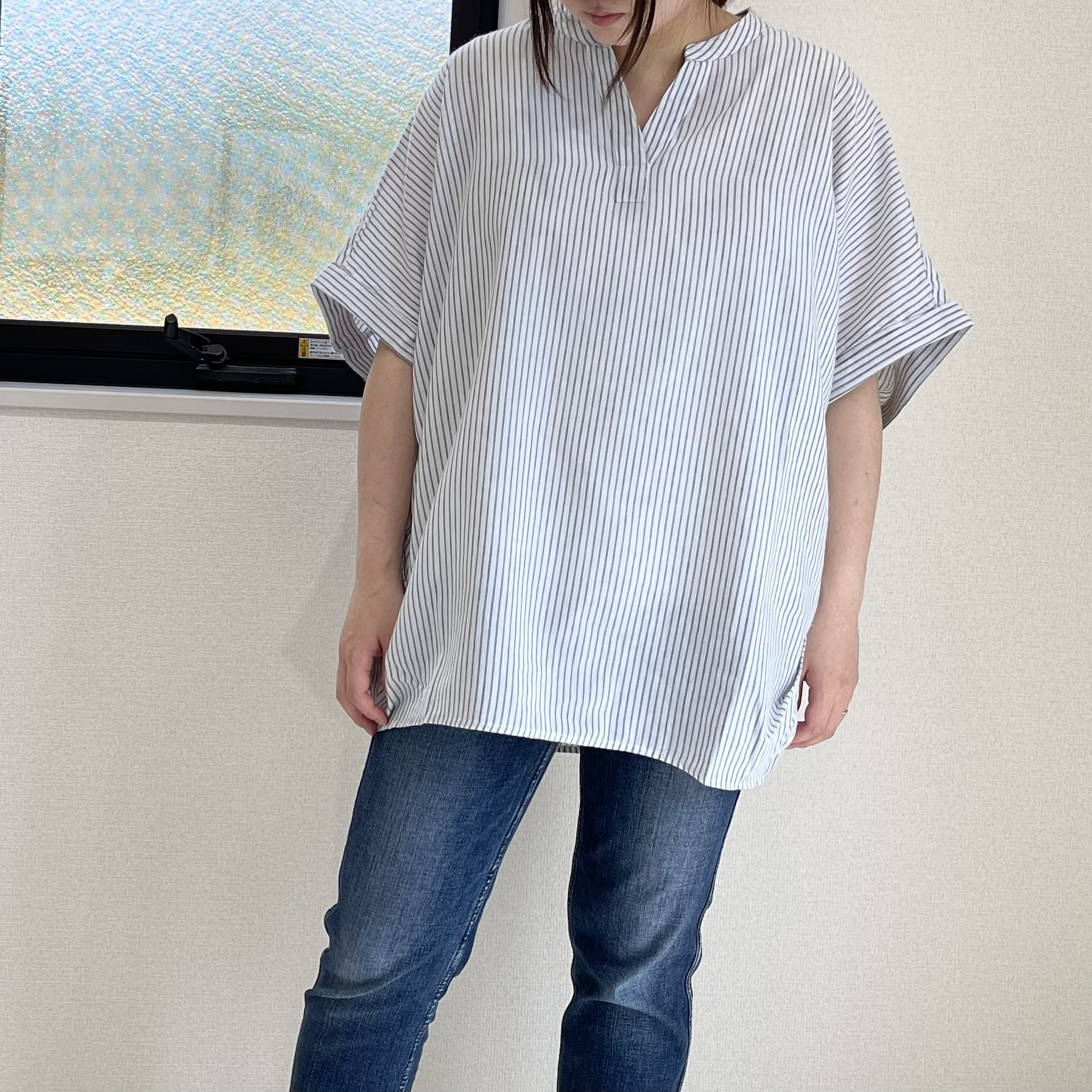 やわさらリネン ロング丈ブラウス  ストライプグレー