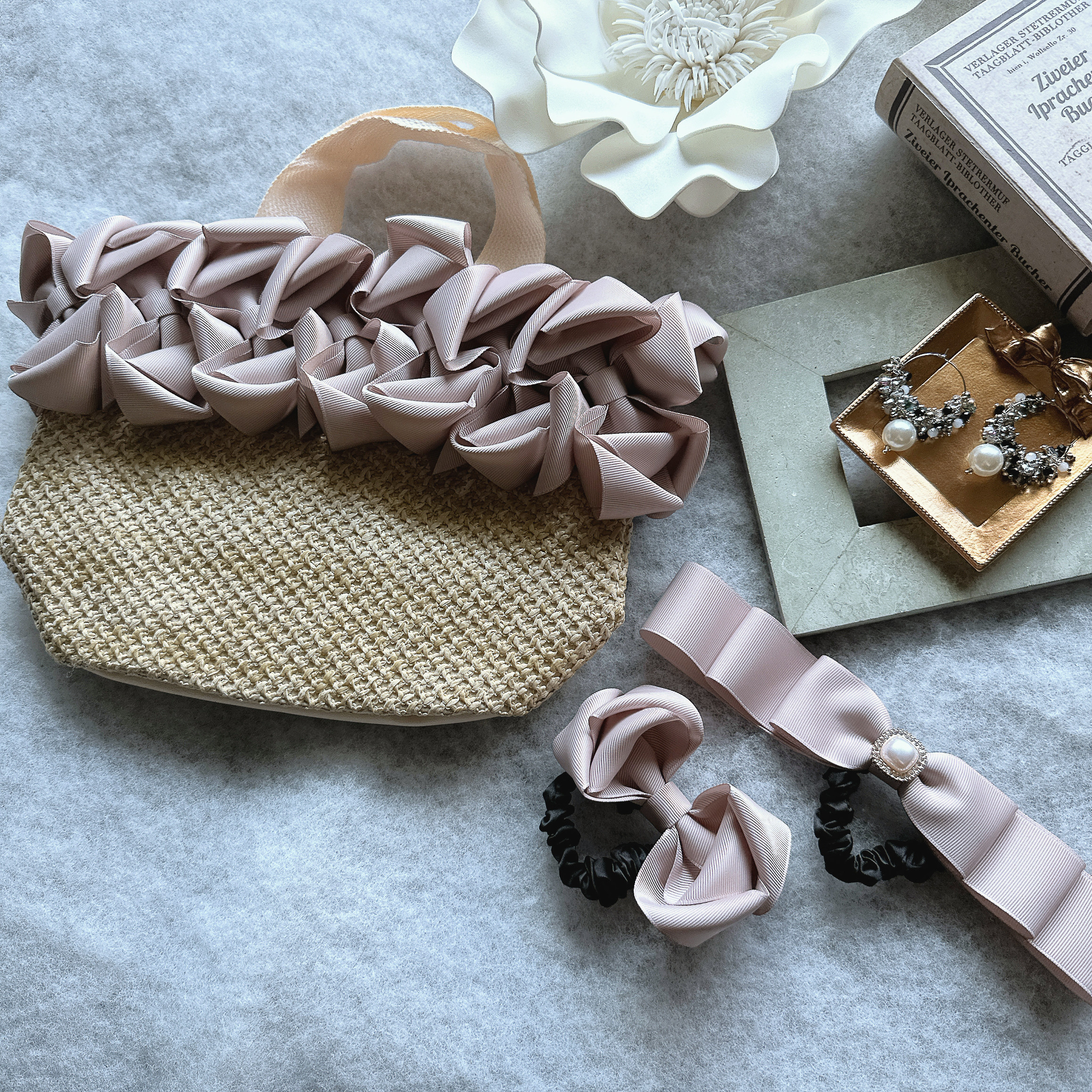 【Creema限定夏の福袋】 選べる耳飾り♡ 4点セット　送料込6000円ポッキリ♡ カゴバッグ　＆　シュシュ　リボン