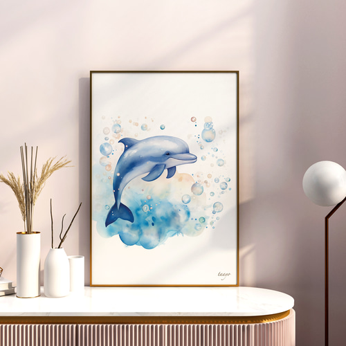 泡泡いるかの休日 A4ポスター｜水彩画・おしゃれ・シンプル・アート