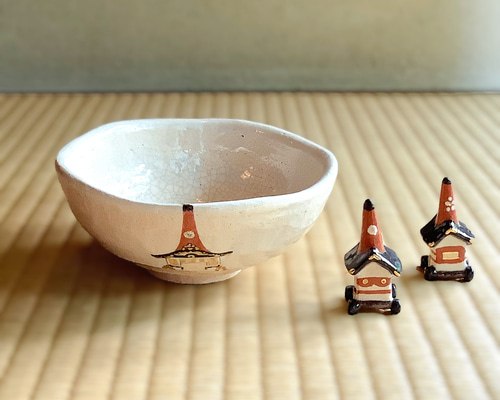 京焼　楽焼　楽入窯　抹茶茶碗　茶道/茶道具 ◇「祇園祭」の抹茶碗と箸置き◇楽焼 茶道具 手描き 夏 京都 3点セット