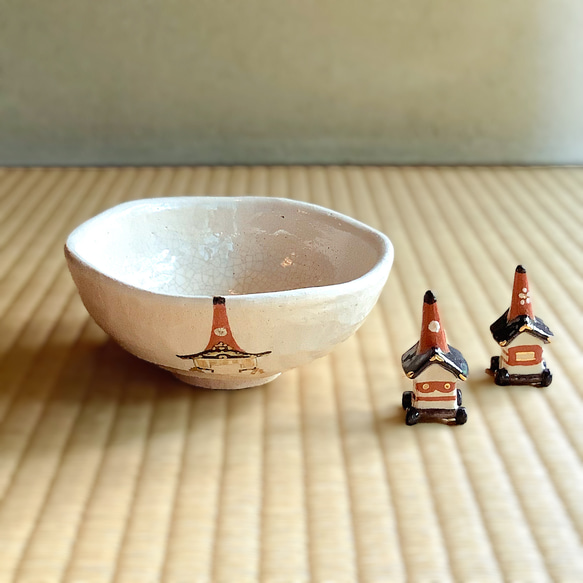 ◇「祇園祭」の抹茶碗と箸置き◇楽焼 茶道具 手描き 夏 京都 3点セット