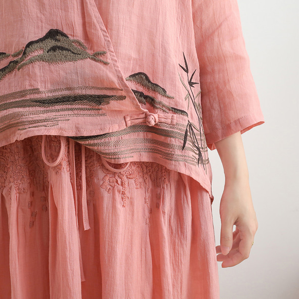 ■風景を刺繍で表現♪ロングスカートセットアップ コーラルピンク 6枚目の画像