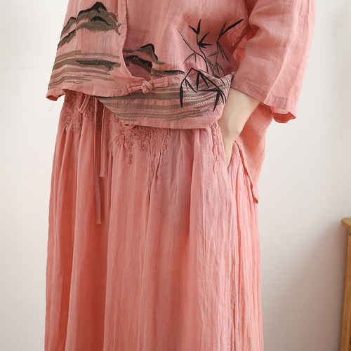 □風景を刺繍で表現♪ロングスカートセットアップ コーラルピンク