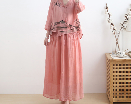 □風景を刺繍で表現♪ロングスカートセットアップ コーラルピンク