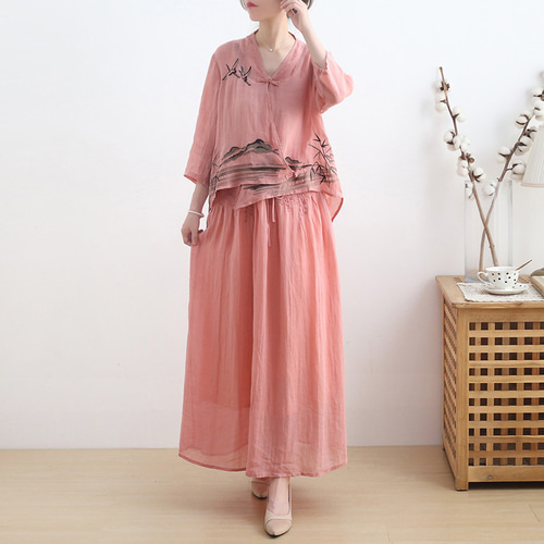□風景を刺繍で表現♪ロングスカートセットアップ コーラルピンク