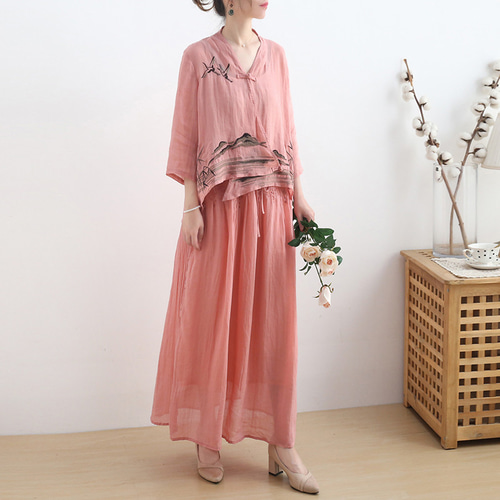 □風景を刺繍で表現♪ロングスカートセットアップ コーラルピンク