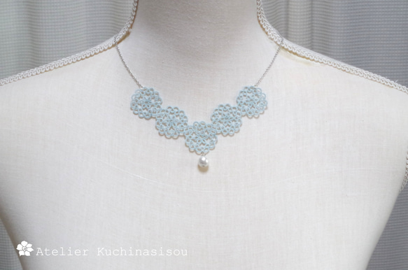 梭織蕾絲棉質珍珠項鍊&lt;雨藍&gt; 第2張的照片