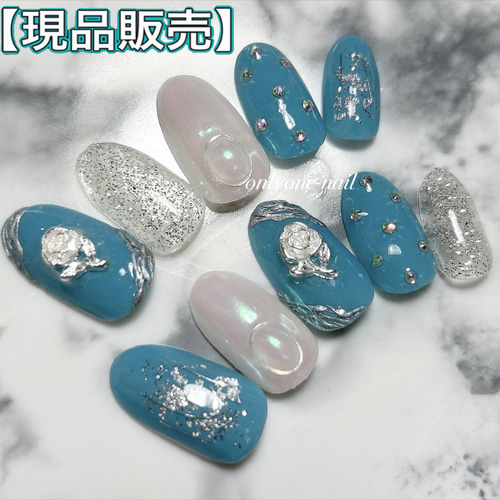 完成品】現品SALE♡くすみブルー♡ニュアンスネイル♡オーロラネイル  