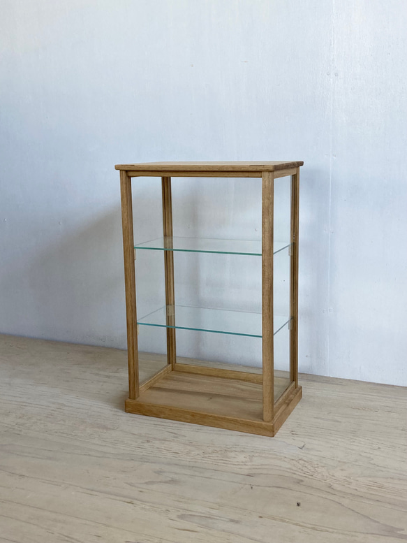 古い木製ガラスケース 2段 卓上ショーケース 扉なし オープンガラス棚