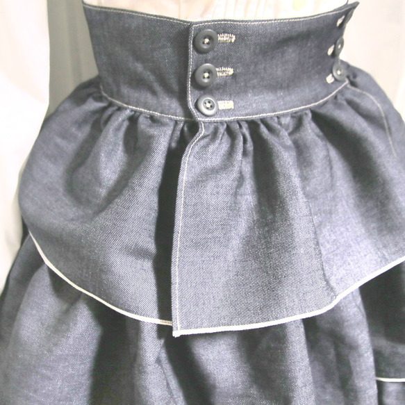 【デニム】3段フリルハイウエストスカート　　　SKT-0002DN 