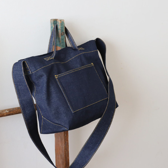 新品デニムバック レア ラスト1 最終SALE 厚地デニム黄色ステッチ×レザー2wayトート