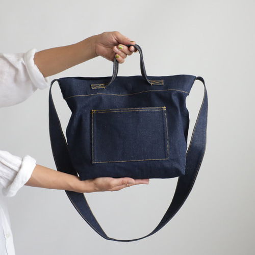 ラスト1 最終SALE 厚地デニム黄色ステッチ×レザー2way