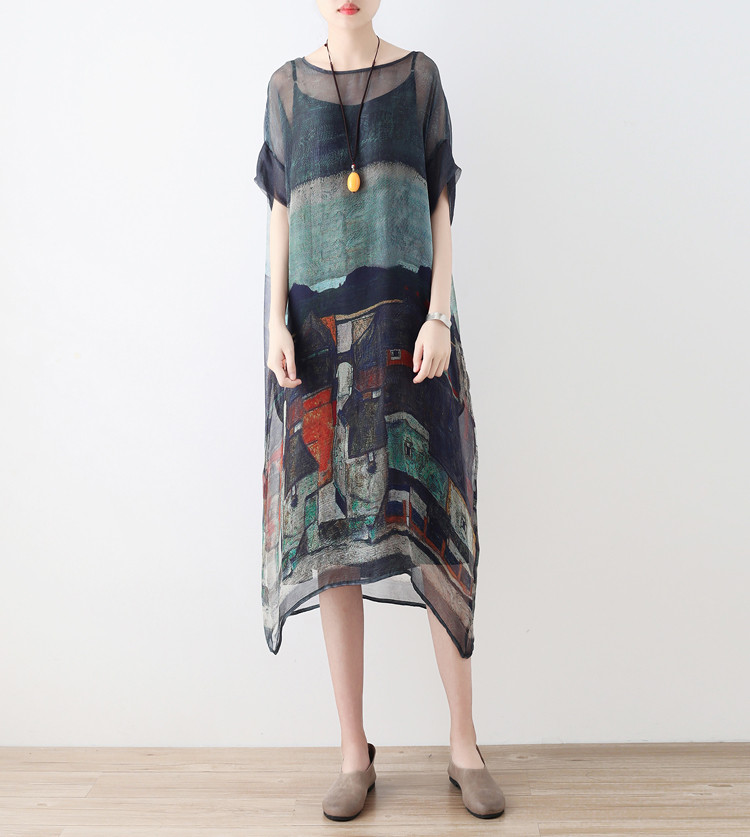 海外旅行気分の風景デザイン♪インナーキャミソール付きシアーワンピース