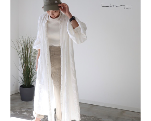 ヨーロッパリネン100%くるみボタンとお袖ギャザーのシャツワンピース